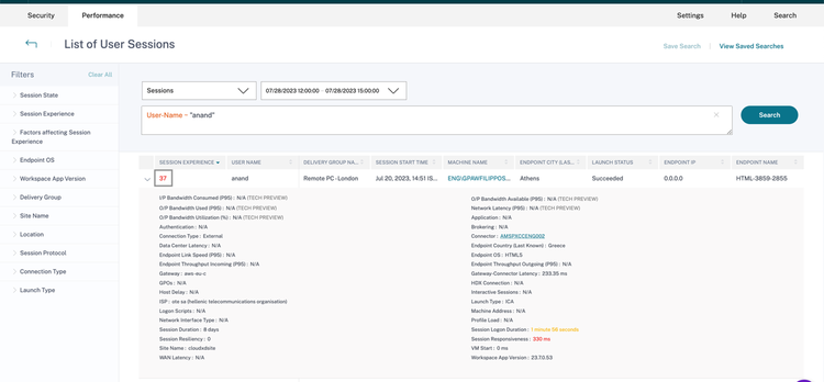 7. Self Service Search Session View For The Selected User.