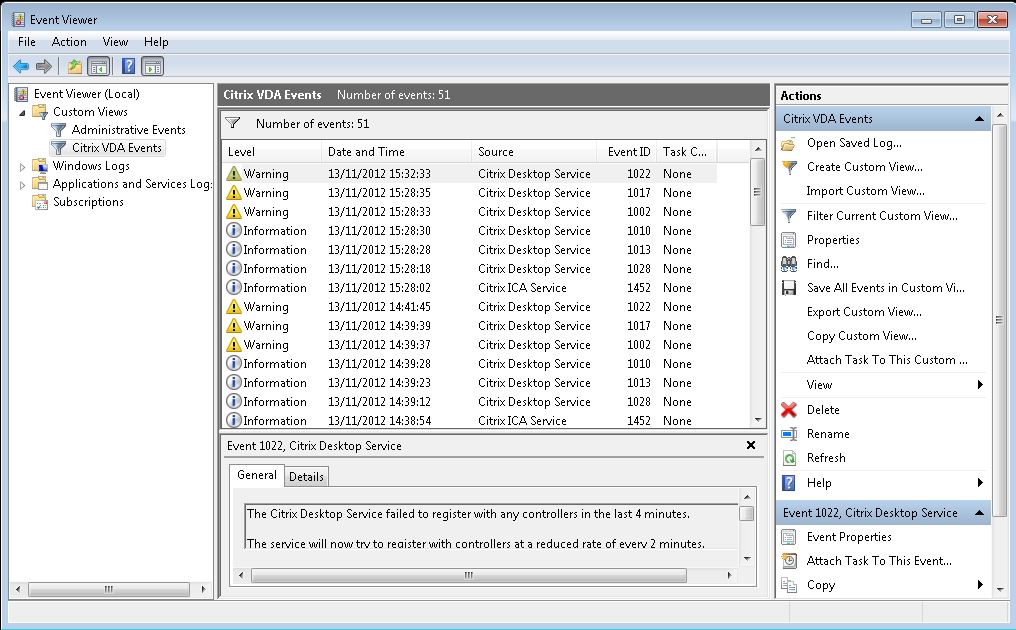 Screenshot of custom event log