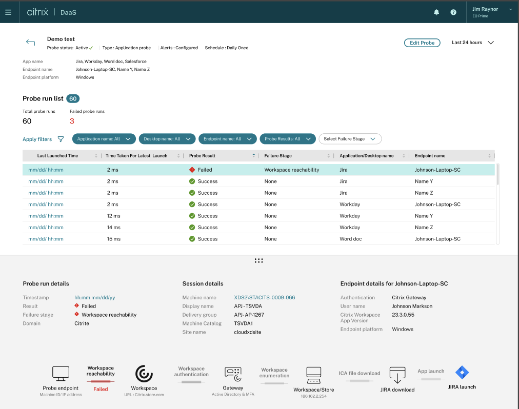 Screenshot of Citrix Monitor probe run list view.