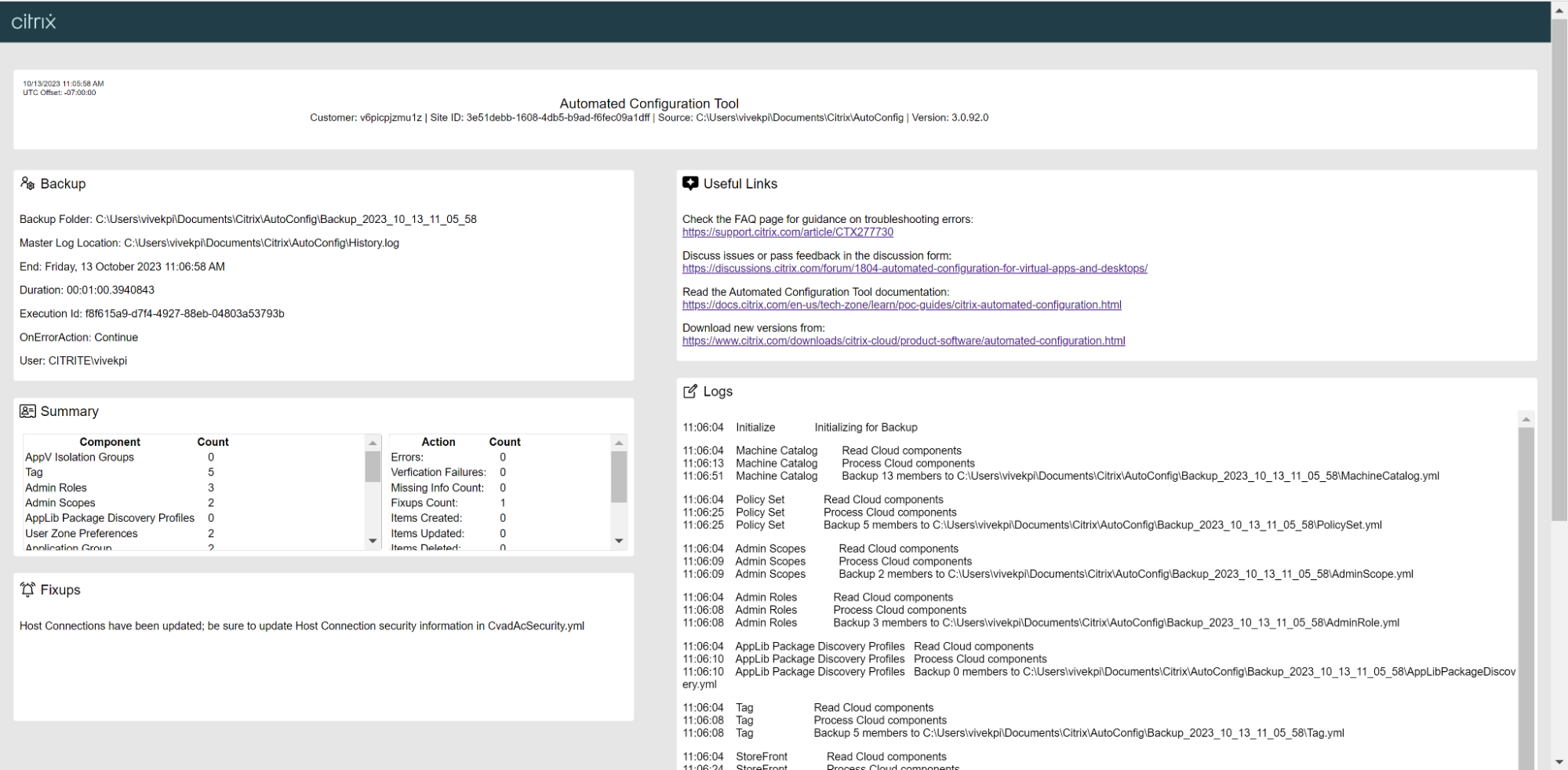 Výše je ukázka souboru protokolu HTML, který byste získali při spuštění migrace s nejnovější verzí nástroje Automated Configuration Tool.