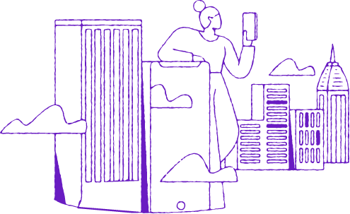 illustration of person and device in a city