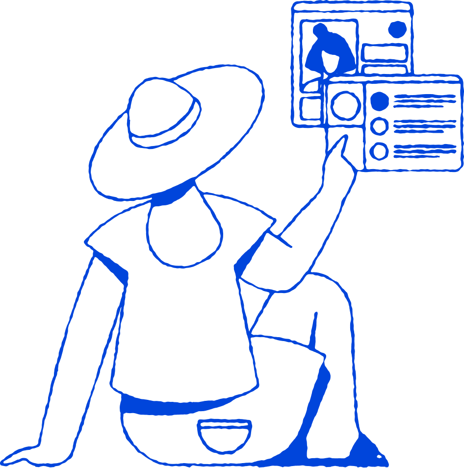 Woman with hat touching screens graphic