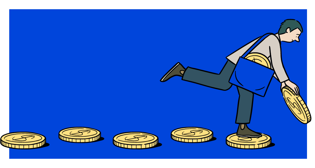A person stepping across large gold coins with a blue background