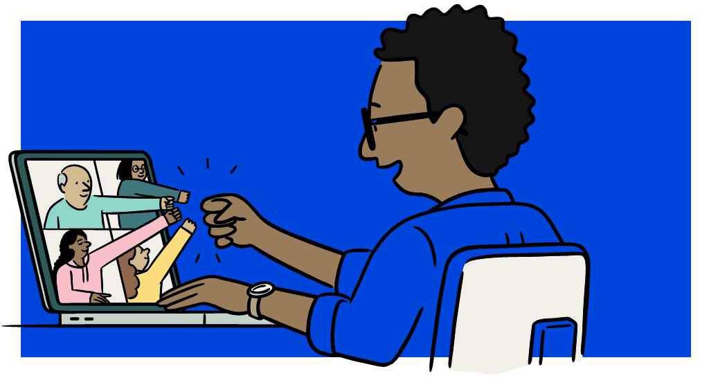 Person doing a virtual fist bump with three others on a laptop screen