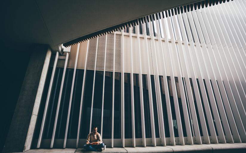 Modern architectural facade with vertical metal fins on a contemporary office building.