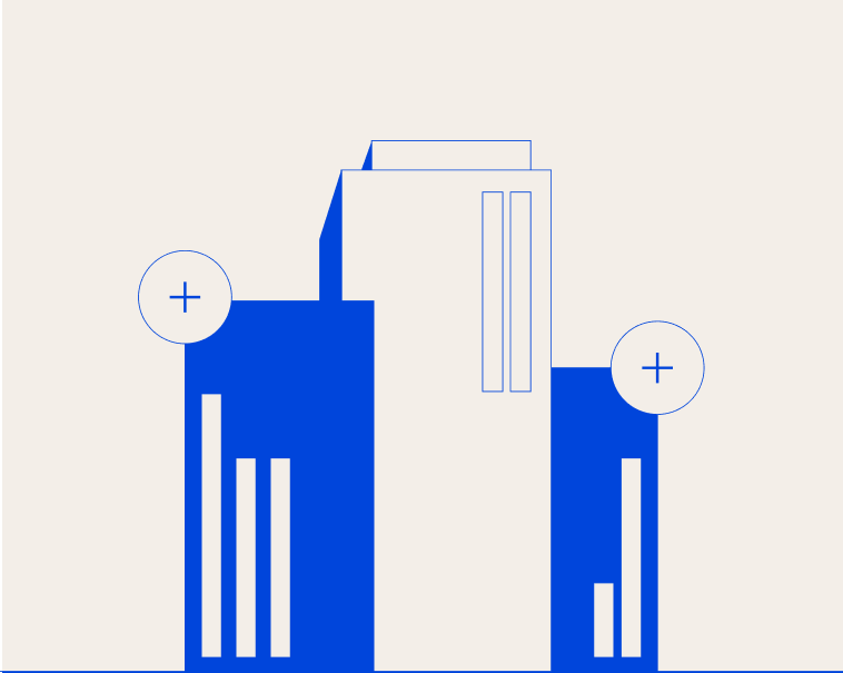 Blue bar chart illustration with plus symbols.