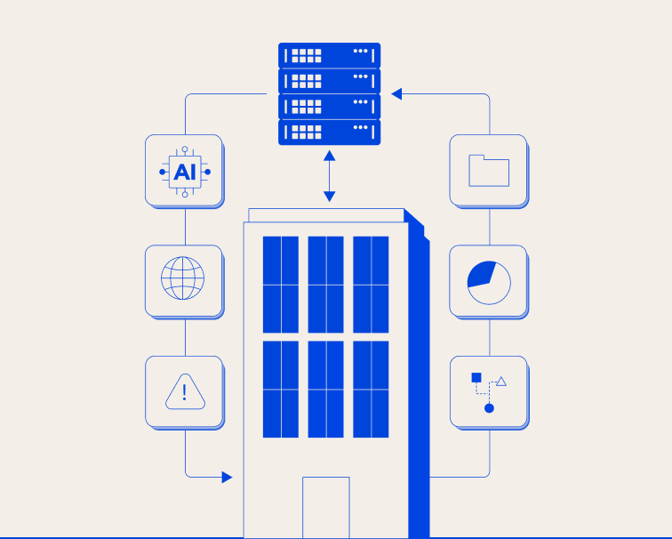 A minimalist blue and white diagram showing a server stack connected in a loop with various technology icons around an office building.