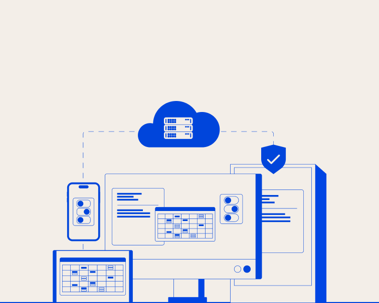 A minimalist blue and white illustration of interconnected devices, including a smartphone, desktop monitor, and server, linked to a secure cloud database.