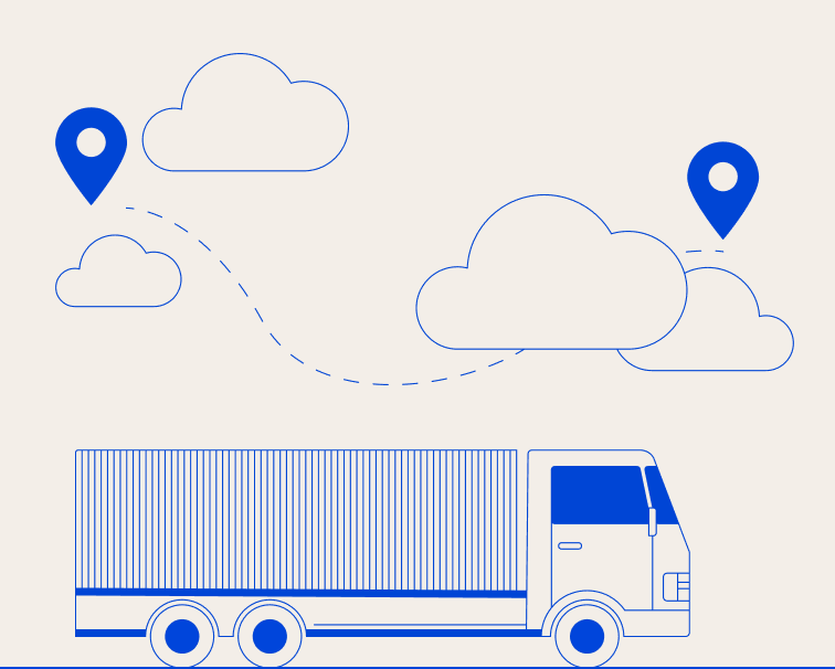 A minimalist blue and white illustration of a cargo truck traveling beneath a route mapped out with clouds and location pin icons.