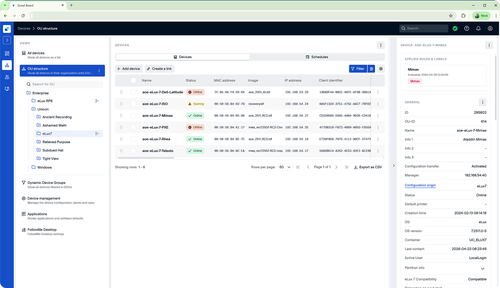 Screenshot of Scout board device detail