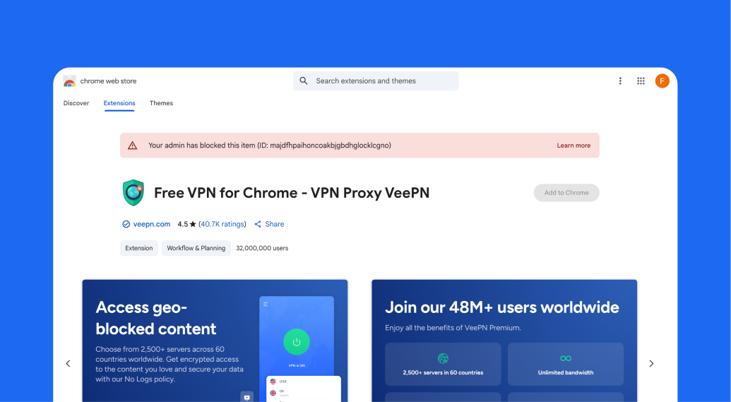 Screenshot of Chrome Web Store showing the VeePN extension with an admin block warning