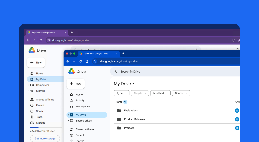 Overlapping Google Drive browser windows with a list of folders and navigation panel