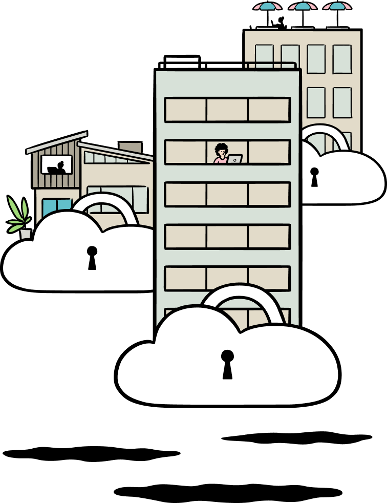 An illustration of a cityscape with buildings and secure cloud symbols