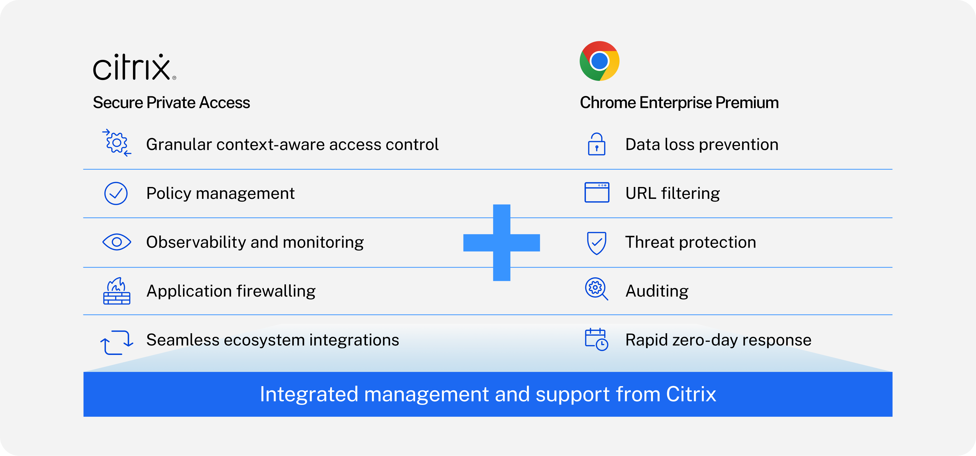 Graphic showcasing Citrix Secure Private Access and Chrome Enterprise Premium features, connected by a plus sign