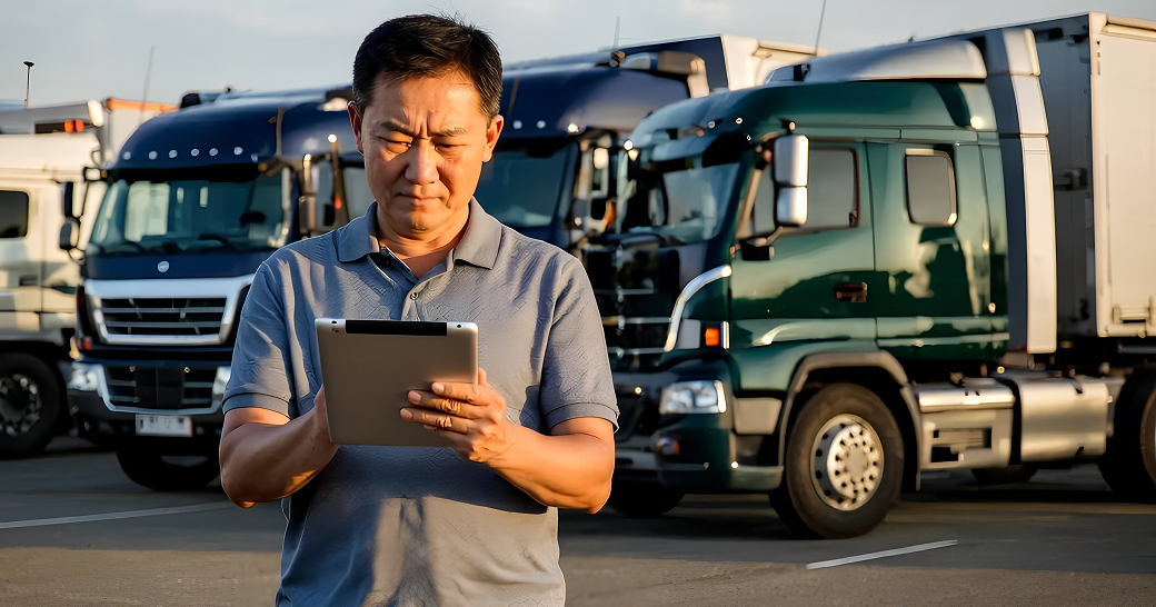 Fleet operations manager using a tablet in front of commercial trucks.