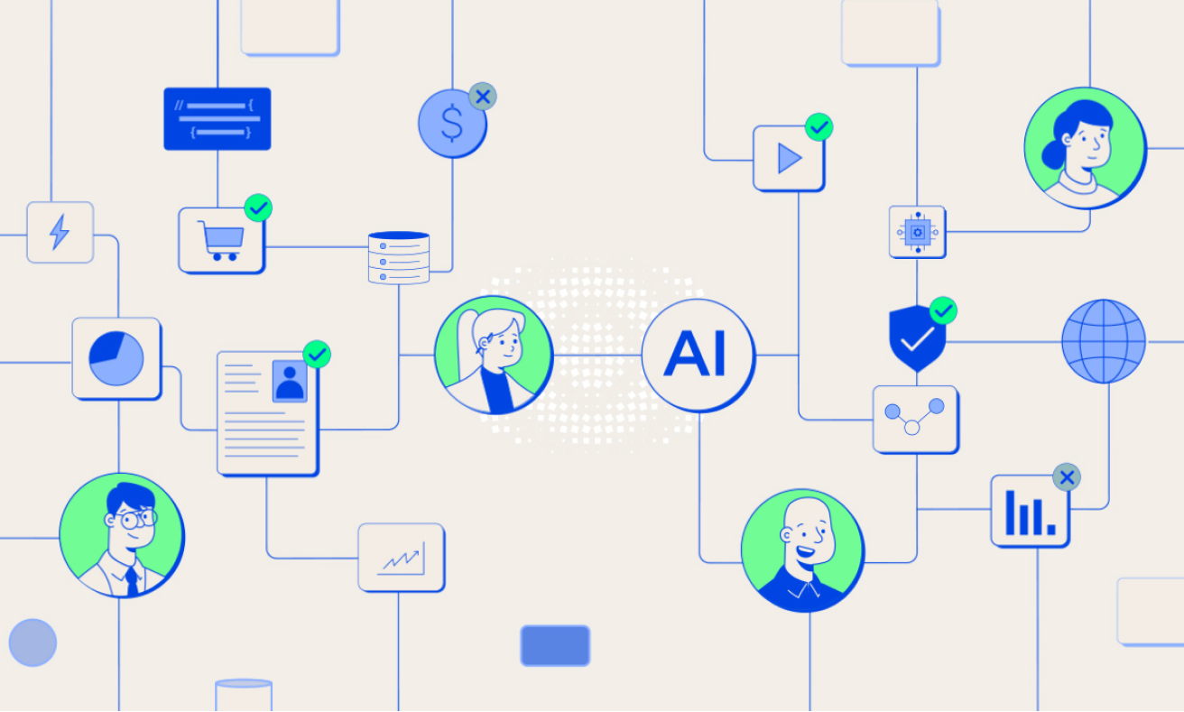 Abstract network illustration with interconnected icons and user avatars on a light background.