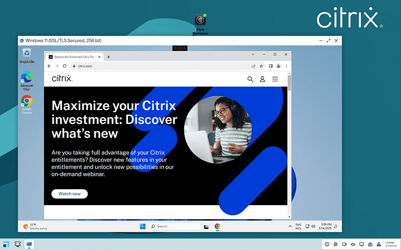 Virtual desktop screen showing Citrix website on Windows 11 interface with a promotional banner