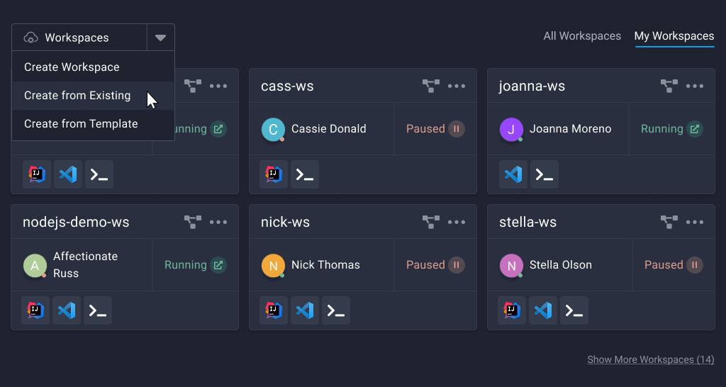 Dark-themed interface showing workspace management panels with various user statuses