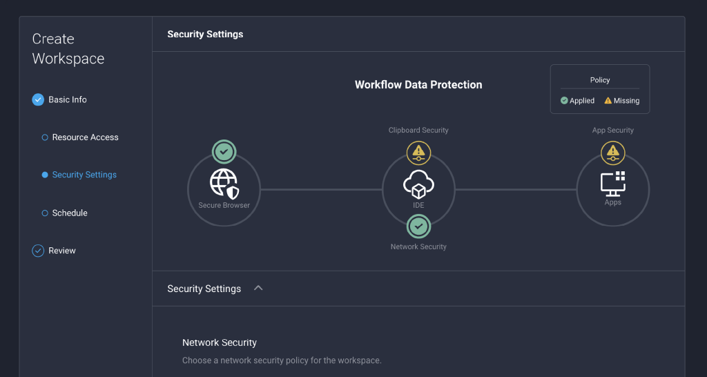 Security Settings screen showing a workflow diagram with three interconnected nodes: Secure Browser, IDE, and Apps