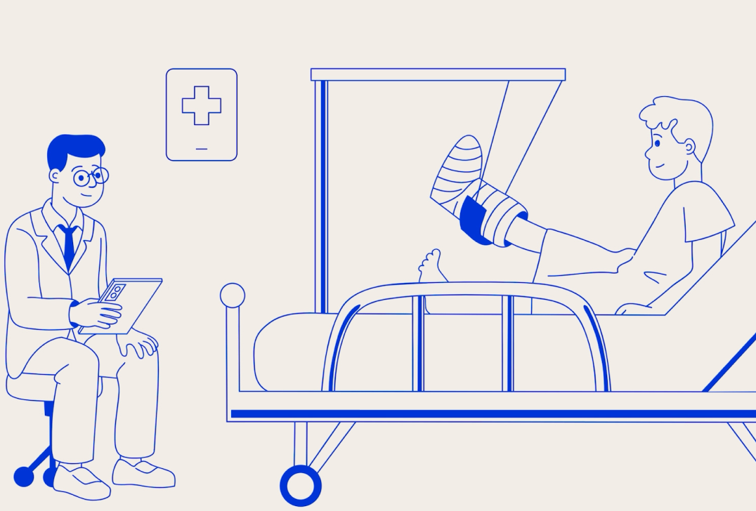 Clinician consulting with a patient through a hospital room window using a tablet, representing virtual care and connected healthcare.